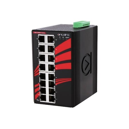 Antaira 16-Port Industrial Gigabit Unmanaged Ethernet Switch, w/16-10/100/1000Tx, EOT: -40 deg C  75 deg C LNX-1600G-T